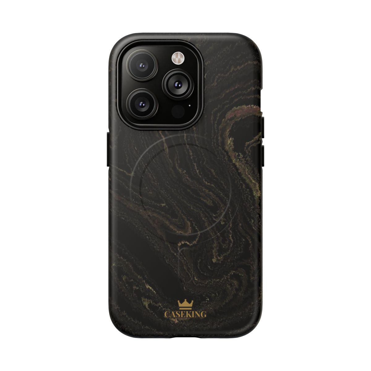Black & Gold Marble MagSafe-compatible tough case on iPhone 14 Pro, matte finish