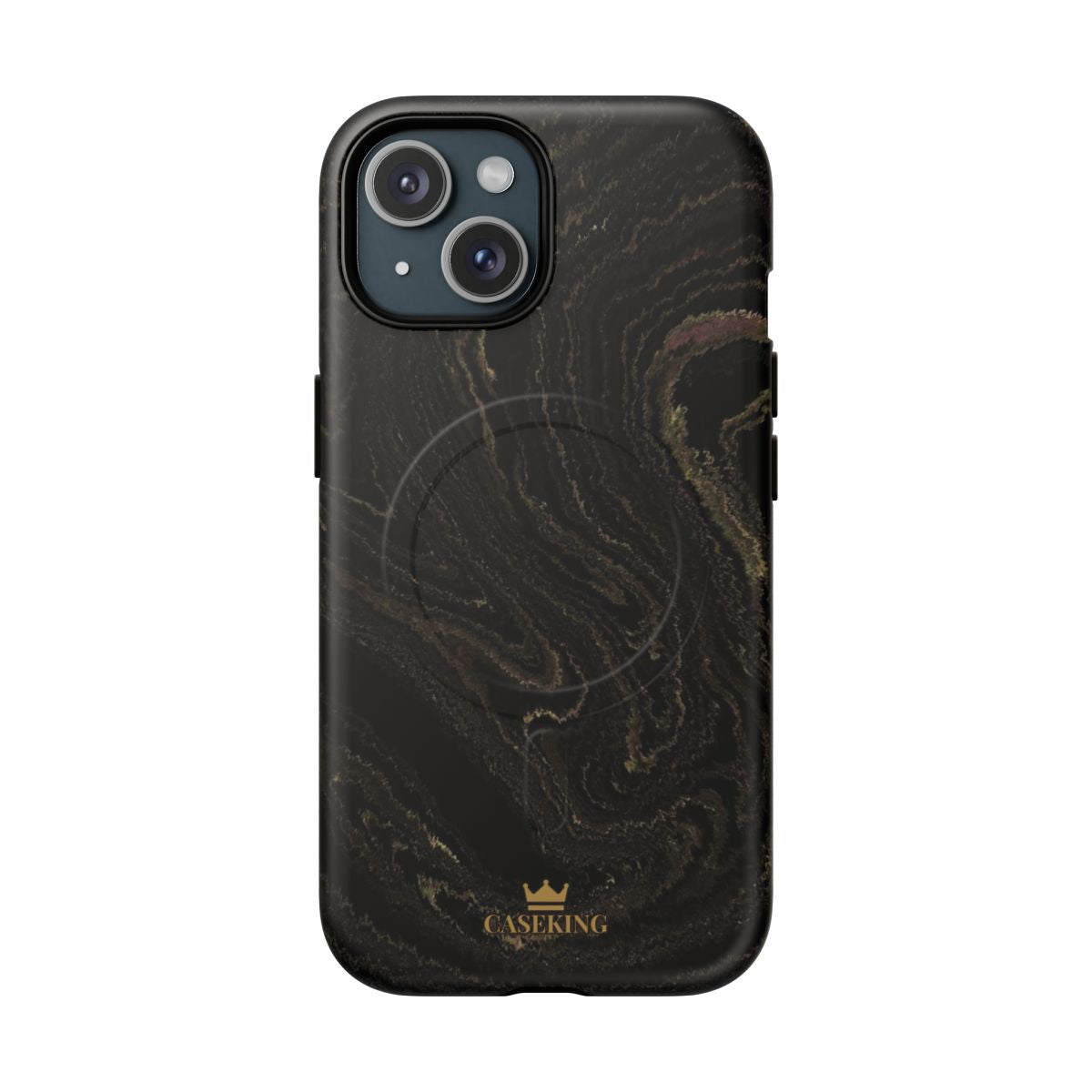 Black & Gold Marble MagSafe-compatible tough case on iPhone 15, matte finish