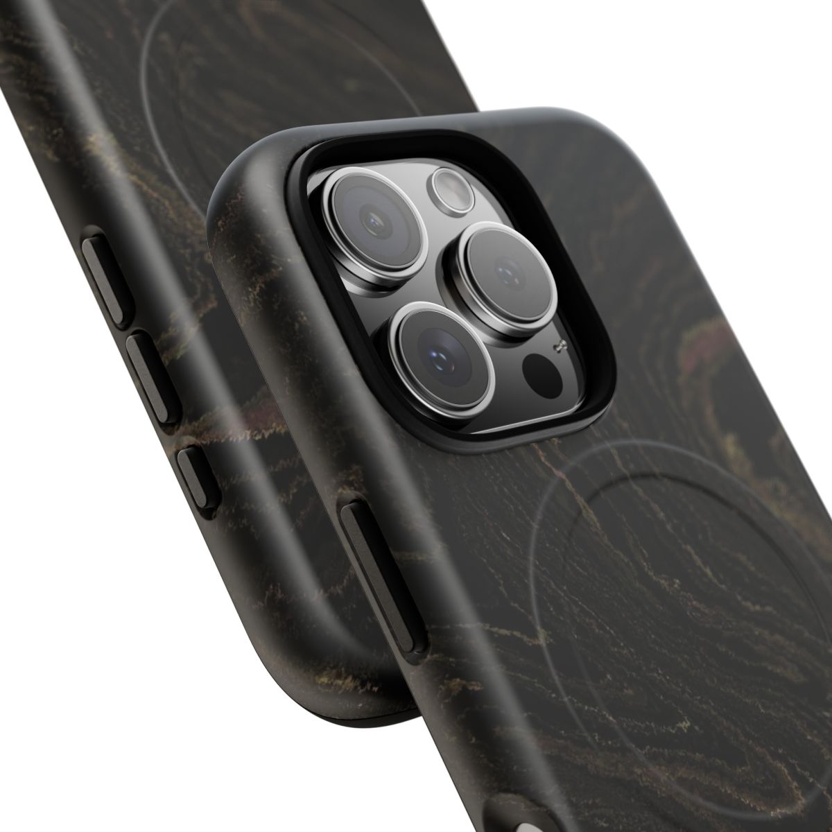 Black & Gold Marble MagSafe-compatible tough case on iPhone 16 Pro, matte finish (close-up)