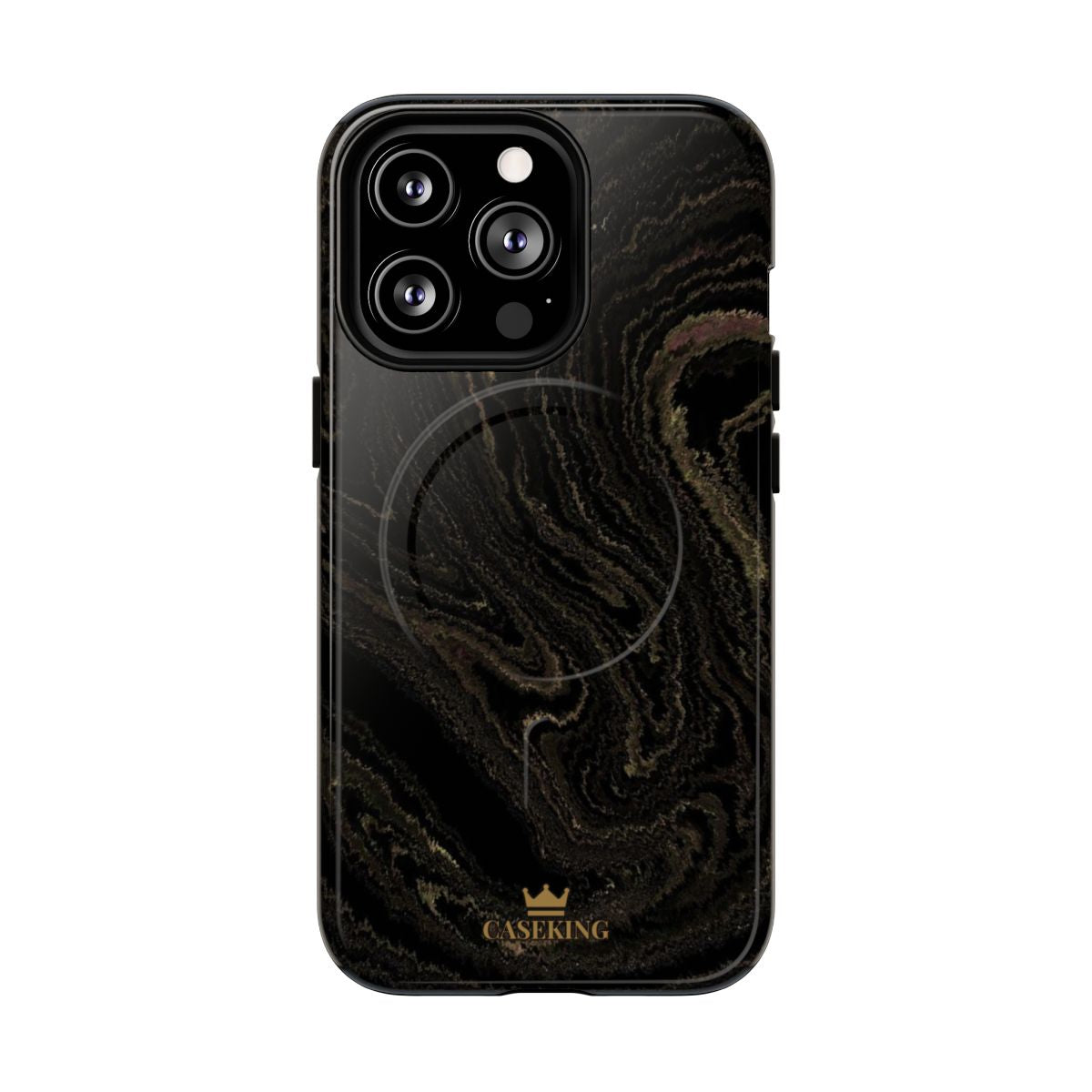 Black & Gold Marble MagSafe-compatible tough case on iPhone 13 Pro, glossy finish