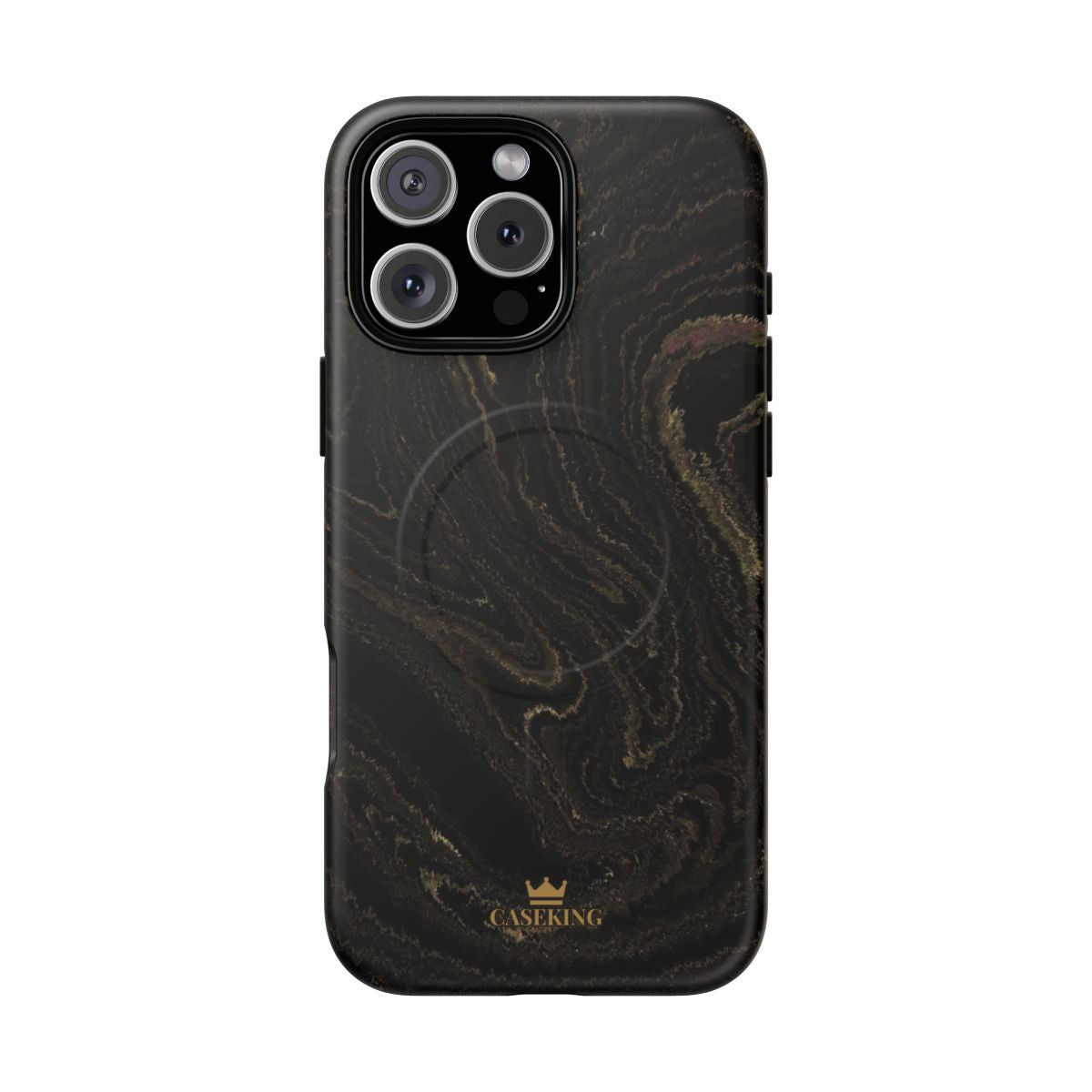 Black & Gold Marble MagSafe-compatible tough case on iPhone 16 Pro Max, matte finish