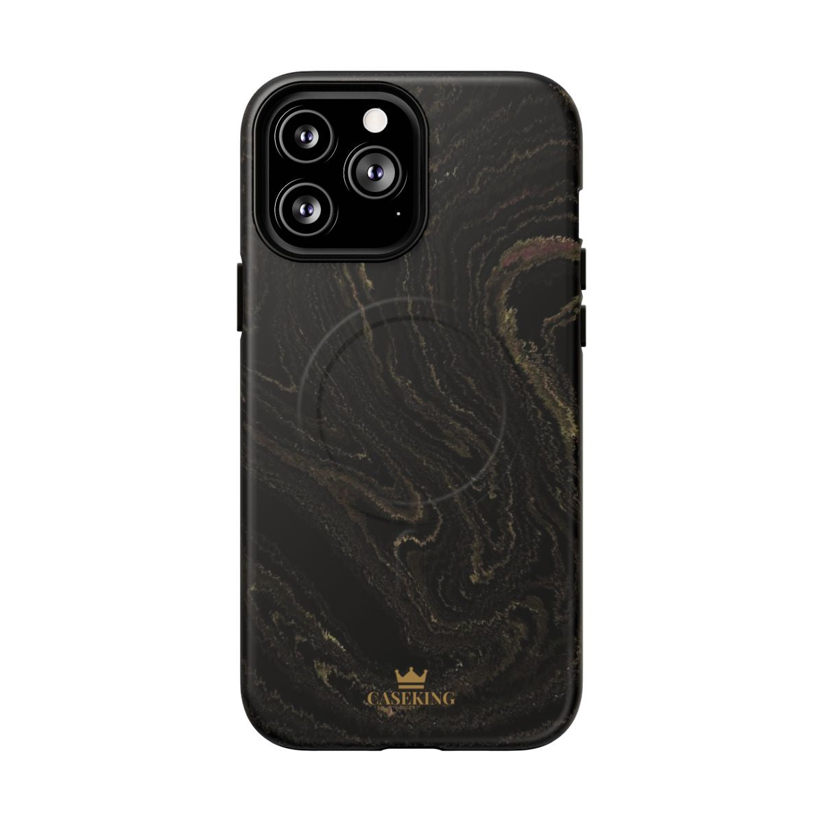 Black & Gold Marble MagSafe-compatible tough case on iPhone 13 Pro Max, matte finish