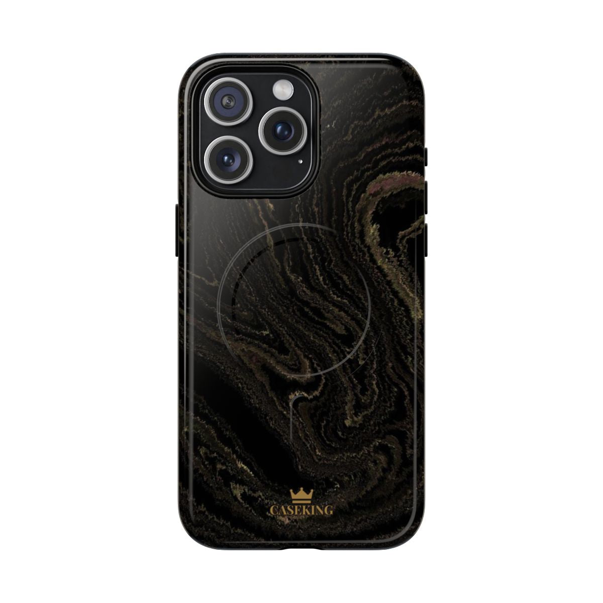Black & Gold Marble MagSafe-compatible tough case on iPhone 15 Pro Max, glossy finish