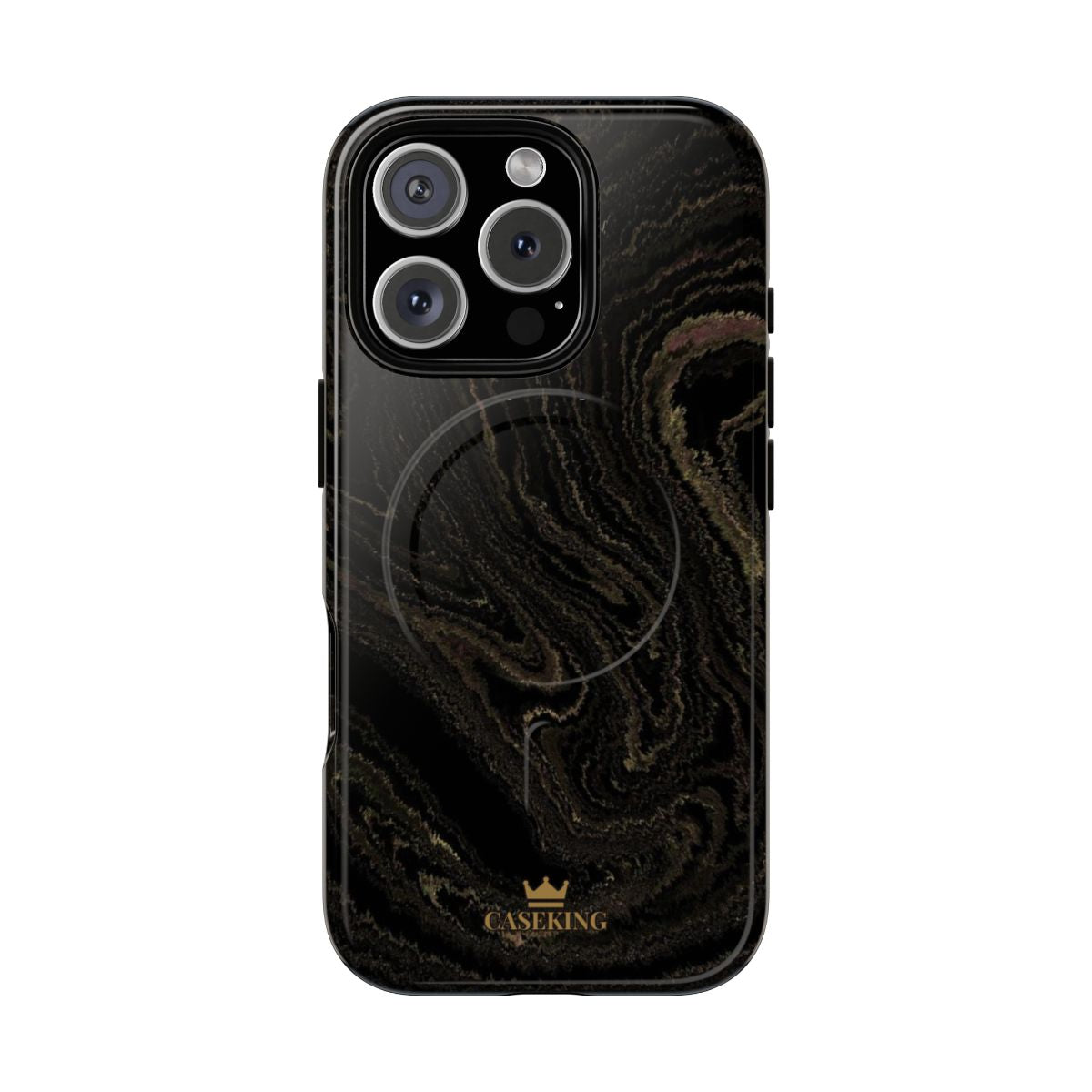 Black & Gold Marble MagSafe-compatible tough case on iPhone 16 Pro, glossy finish