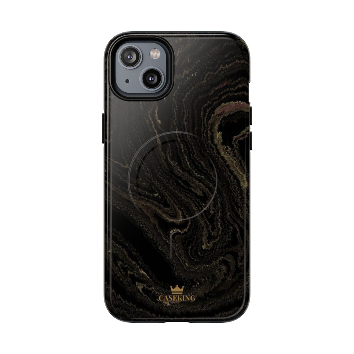 Black & Gold Marble MagSafe-compatible tough case on iPhone 14 Plus, glossy finish