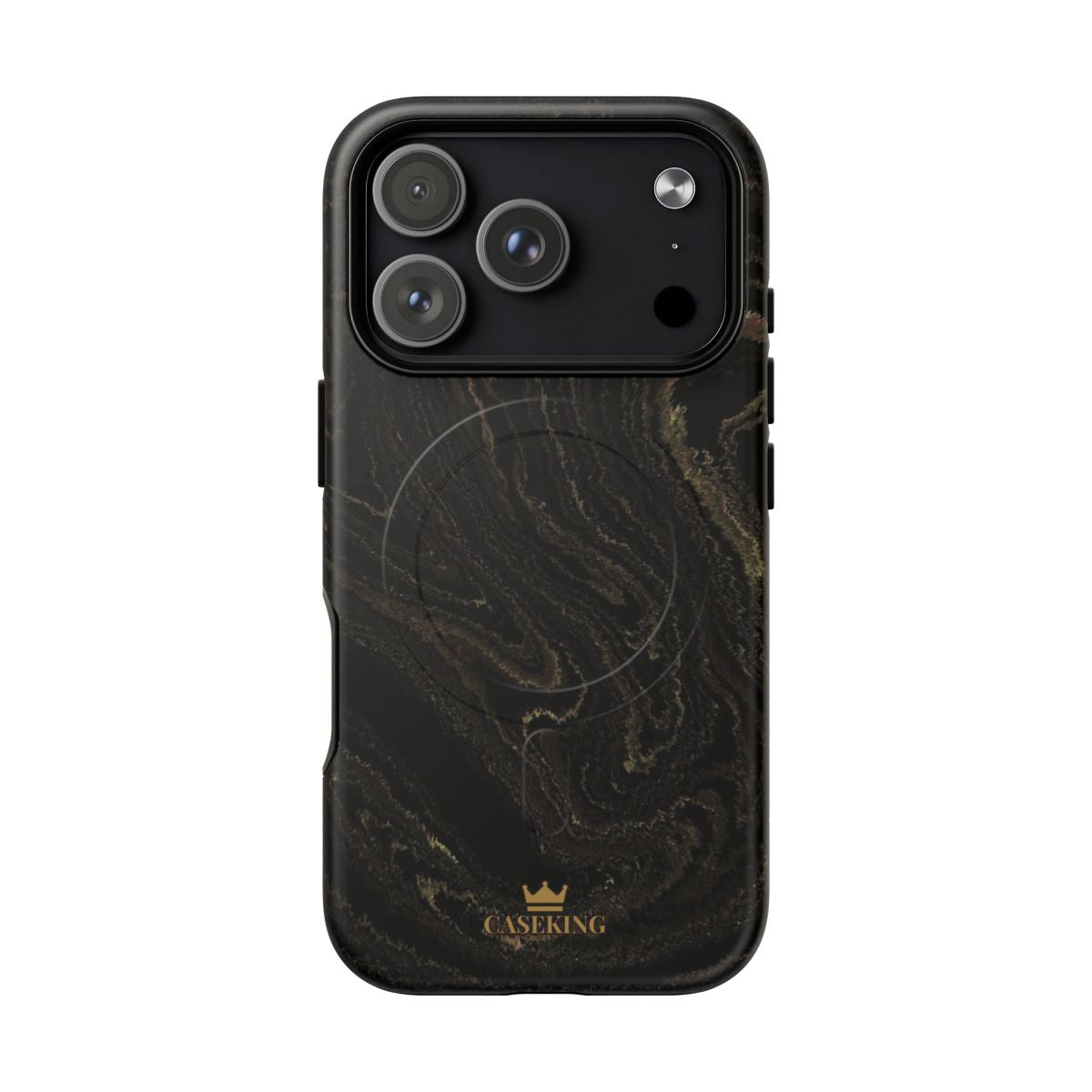 Black & Gold Marble MagSafe-compatible tough case on iPhone 17 Pro, matte finish