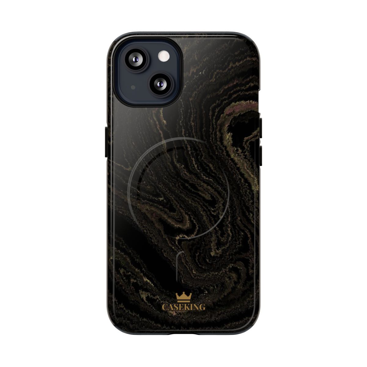 Black & Gold Marble MagSafe-compatible tough case on iPhone 13, glossy finish