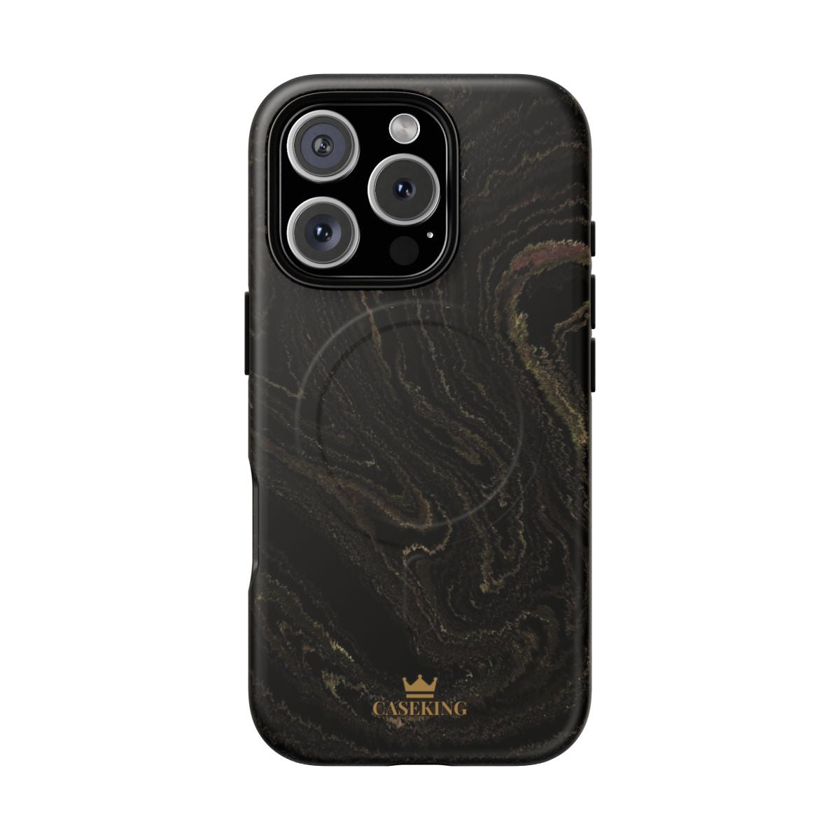 Black & Gold Marble MagSafe-compatible tough case on iPhone 16 Pro, matte finish