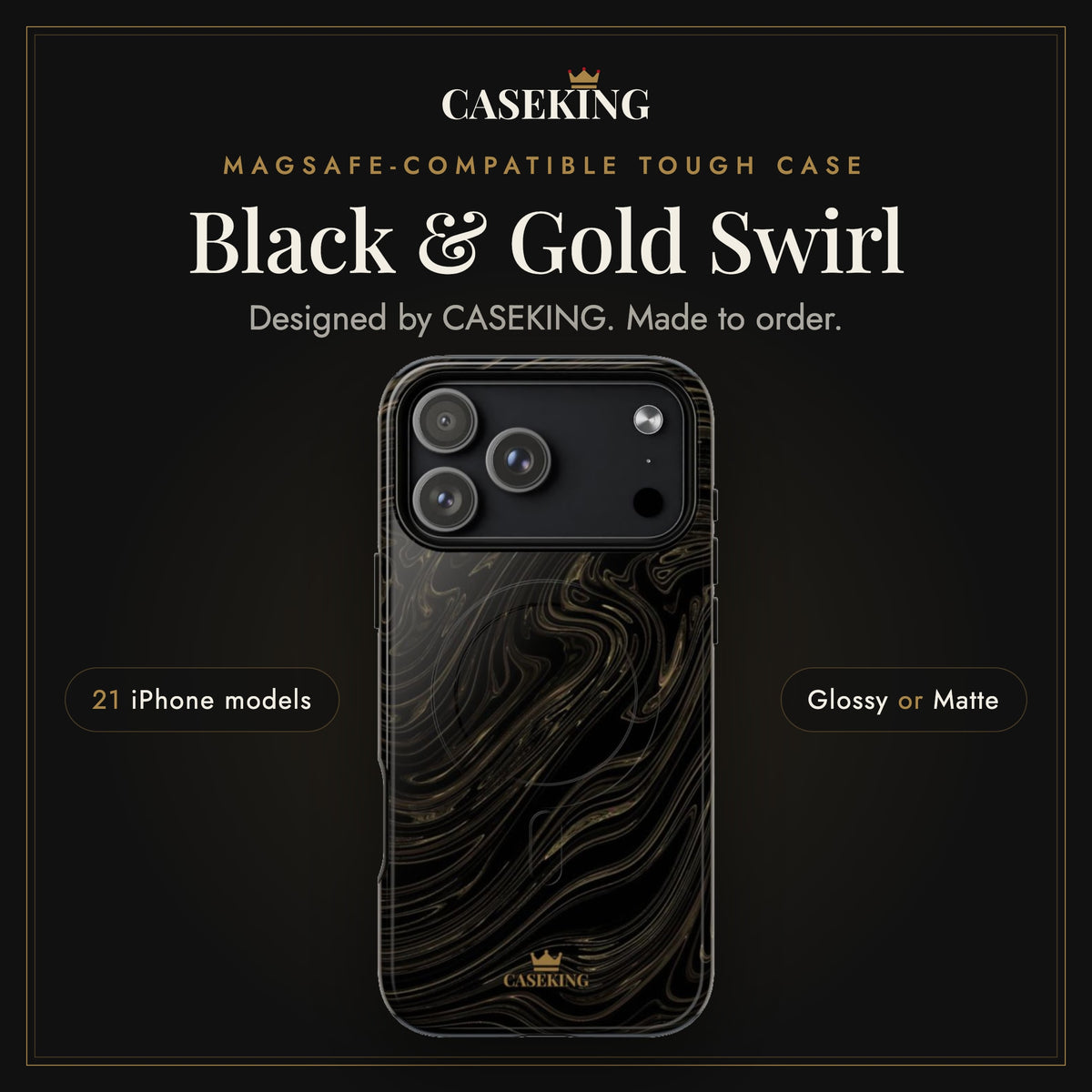 Black & Gold Swirl MagSafe-compatible tough case infographic 1: Hero