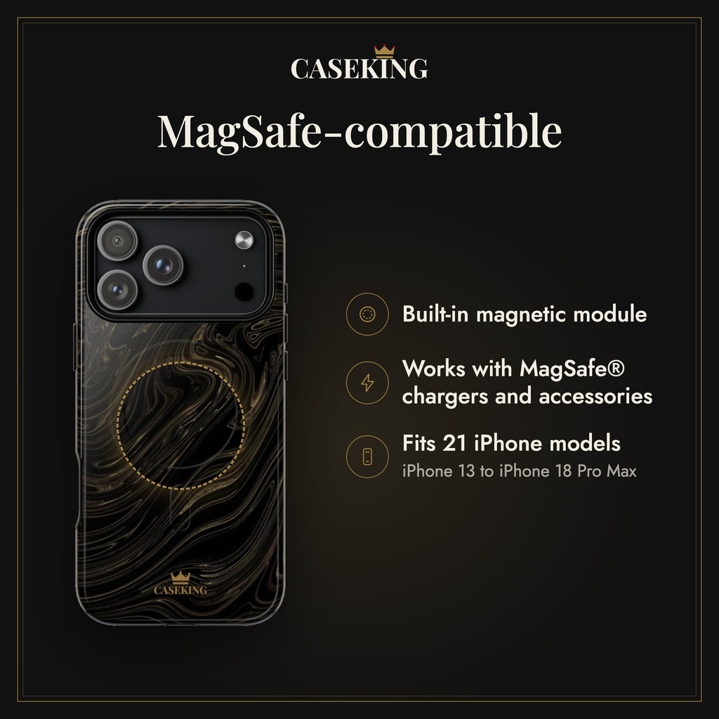 Black & Gold Swirl MagSafe-compatible tough case infographic 2: MagSafe-compatible
