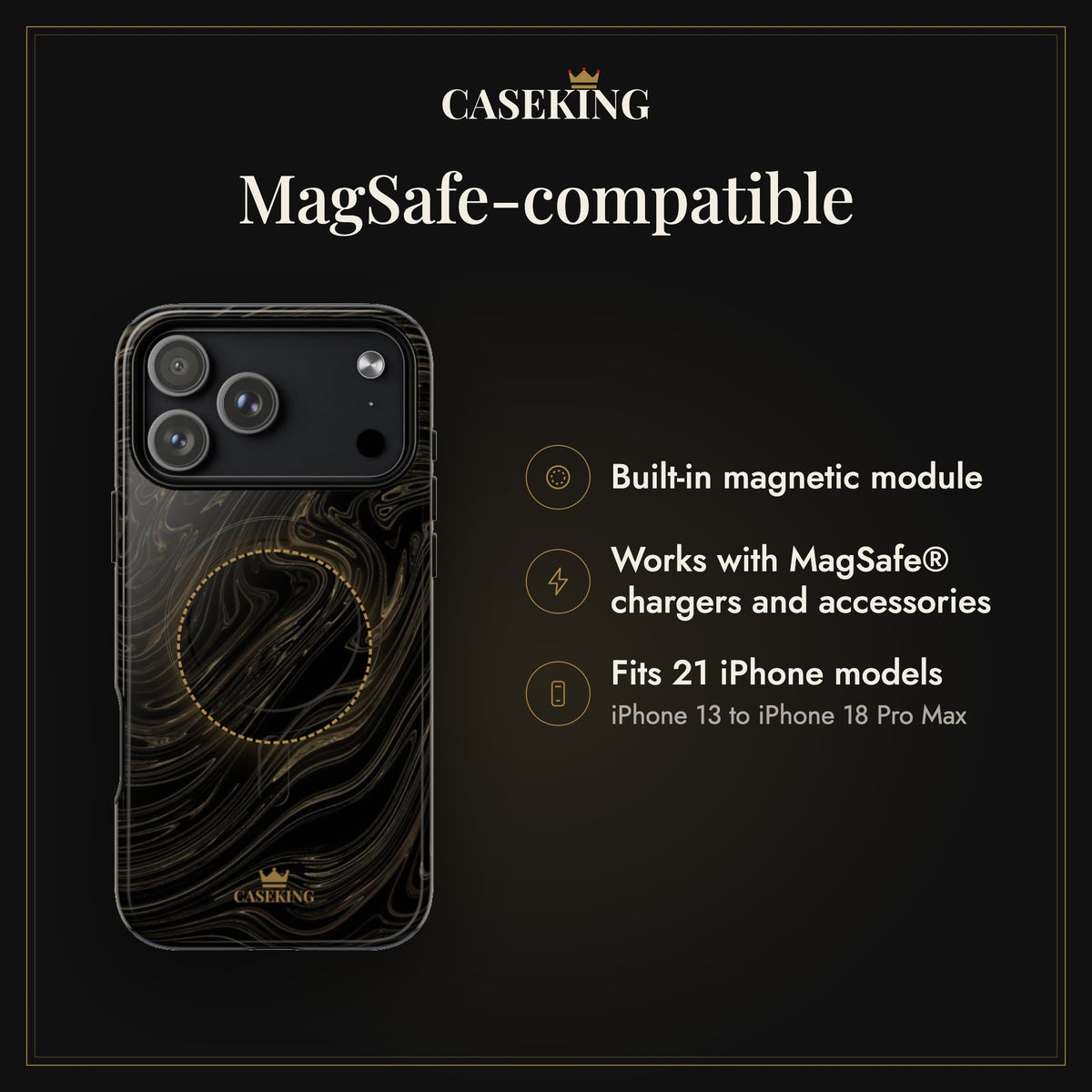 Black & Gold Swirl MagSafe-compatible tough case infographic 2: MagSafe-compatible