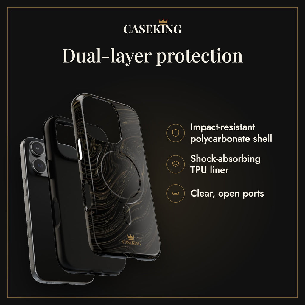 Black & Gold Swirl MagSafe-compatible tough case infographic 3: Dual-layer protection