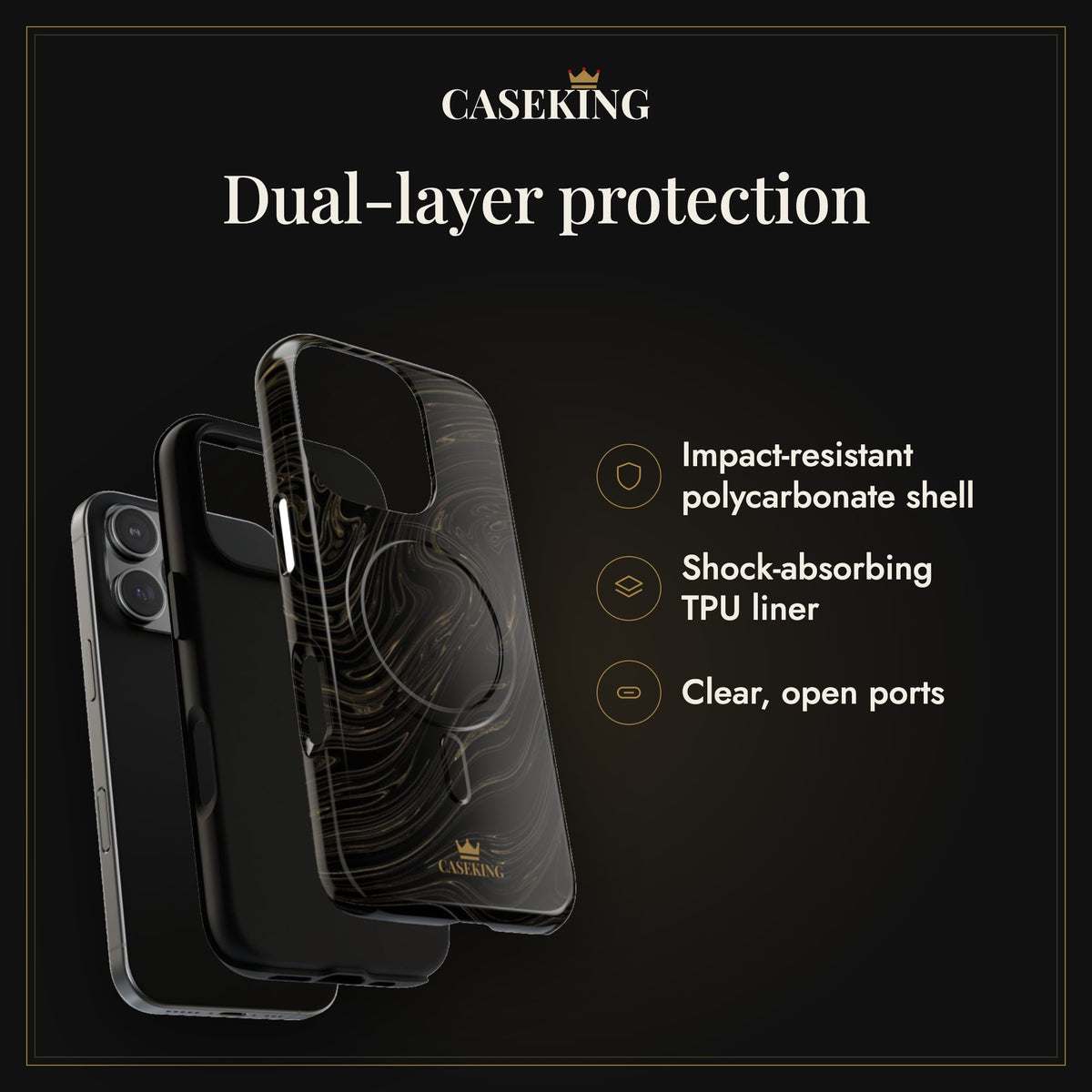Black & Gold Swirl MagSafe-compatible tough case infographic 3: Dual-layer protection