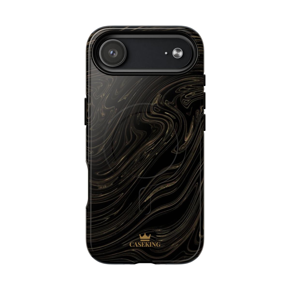 Black & Gold Swirl MagSafe-compatible tough case on iPhone 17 Air, glossy finish