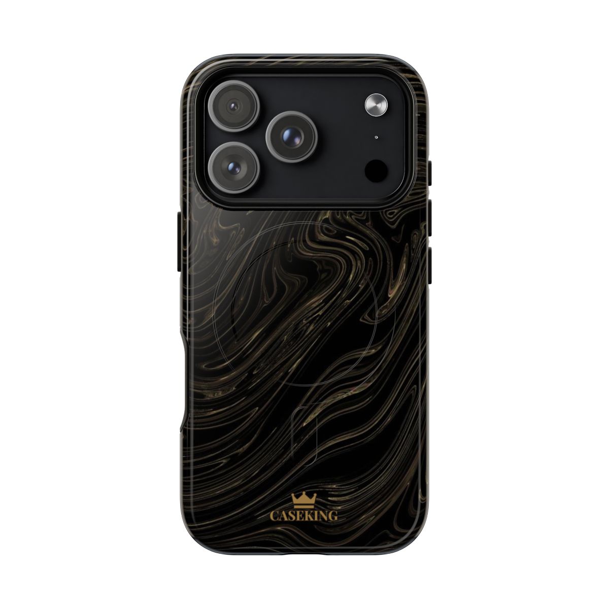 Black & Gold Swirl MagSafe-compatible tough case on iPhone 17 Pro, glossy finish