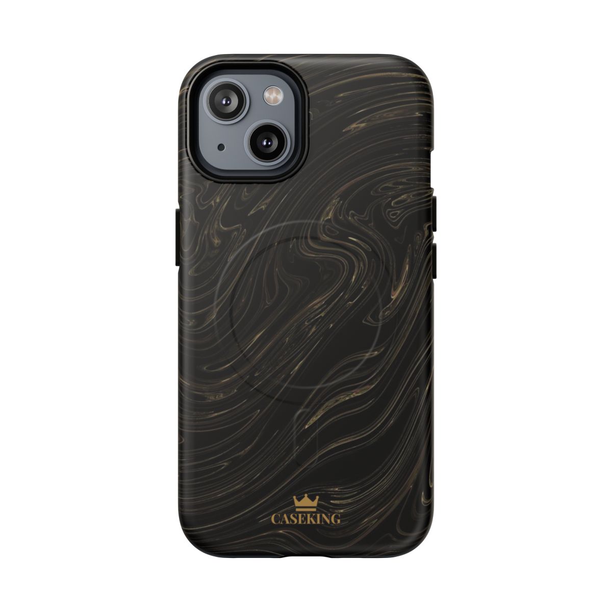 Black & Gold Swirl MagSafe-compatible tough case on iPhone 14, matte finish
