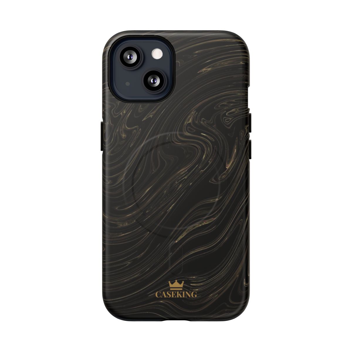 Black & Gold Swirl MagSafe-compatible tough case on iPhone 13, matte finish