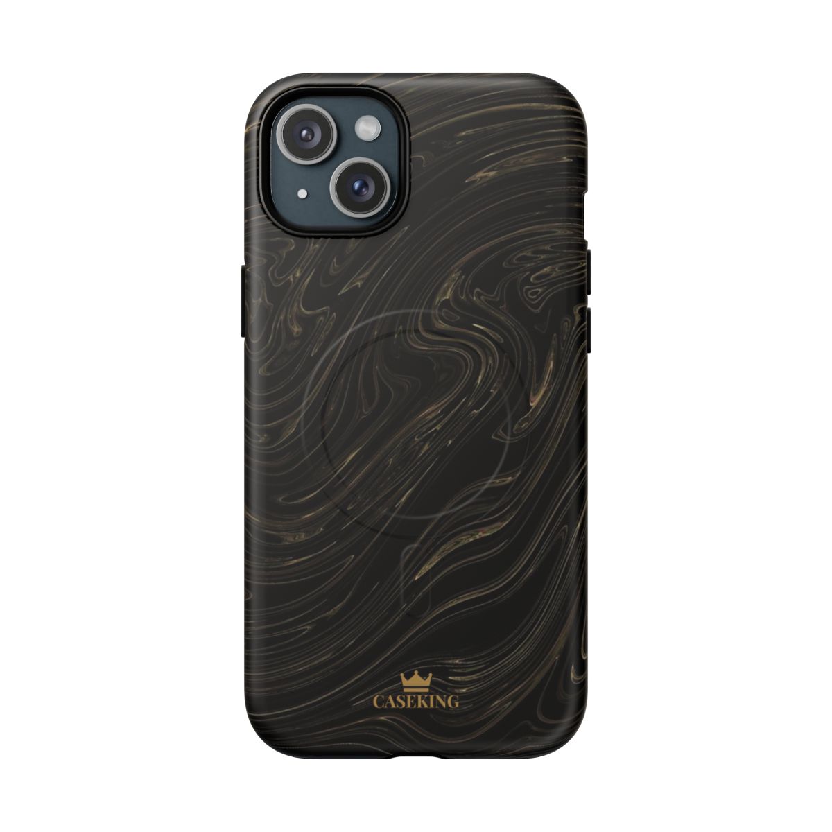 Black & Gold Swirl MagSafe-compatible tough case on iPhone 15 Plus, matte finish