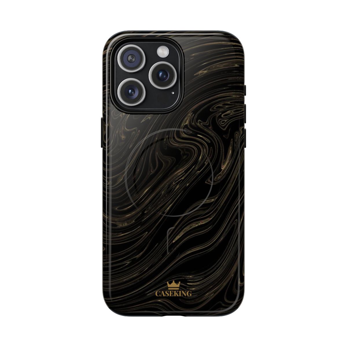 Black & Gold Swirl MagSafe-compatible tough case on iPhone 15 Pro Max, glossy finish