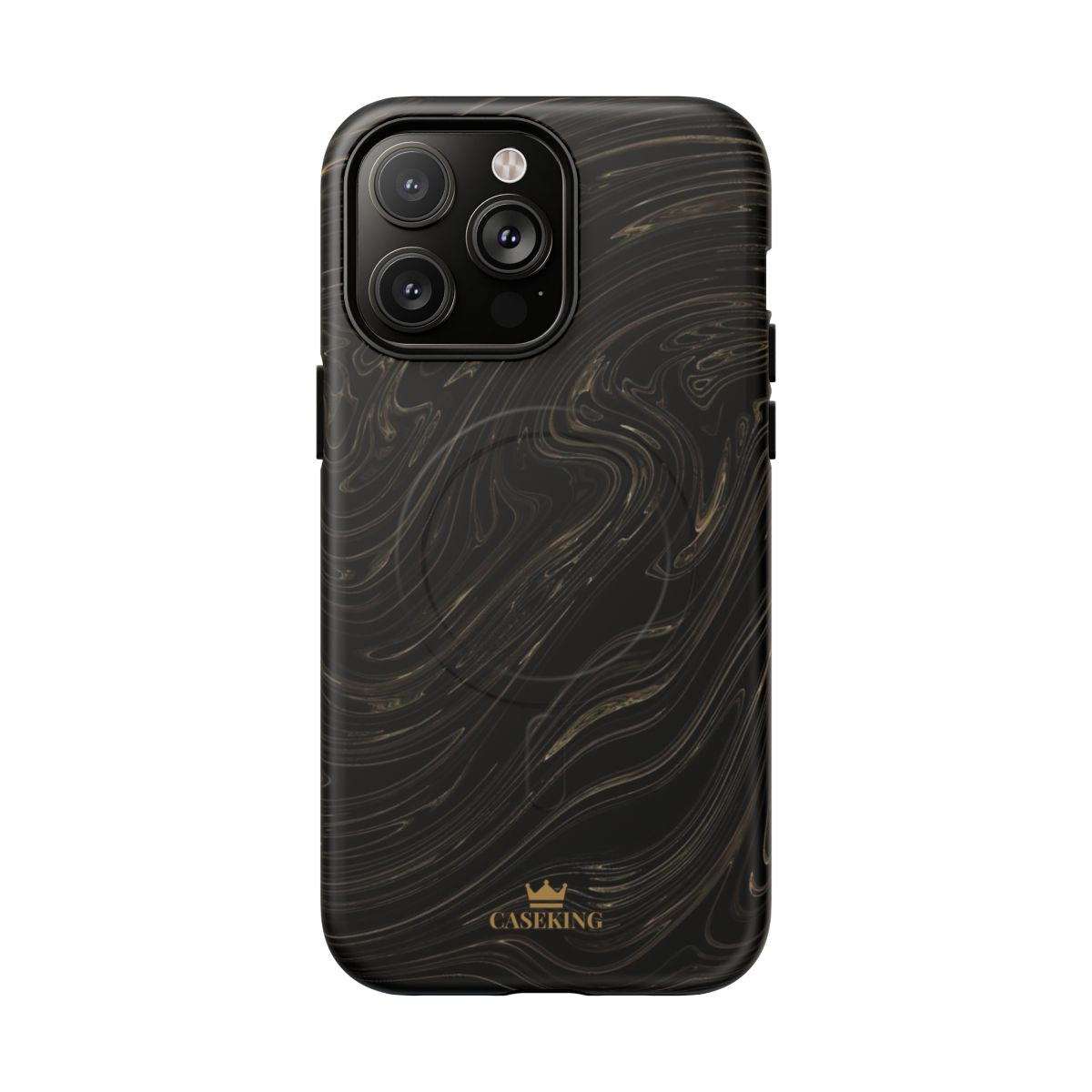 Black & Gold Swirl MagSafe-compatible tough case on iPhone 14 Pro Max, matte finish