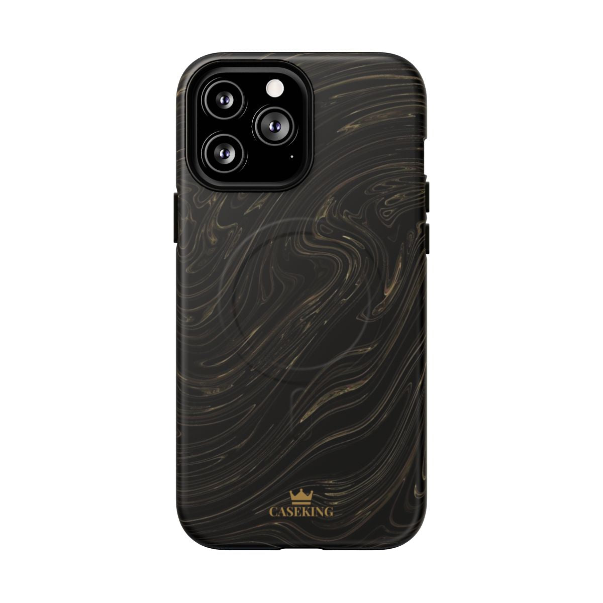 Black & Gold Swirl MagSafe-compatible tough case on iPhone 13 Pro Max, matte finish