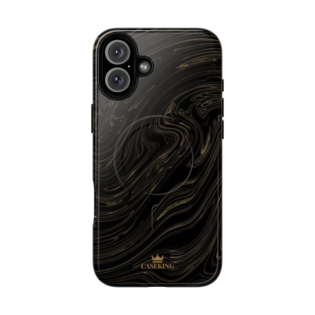 Black & Gold Swirl MagSafe-compatible tough case on iPhone 16 Plus, glossy finish