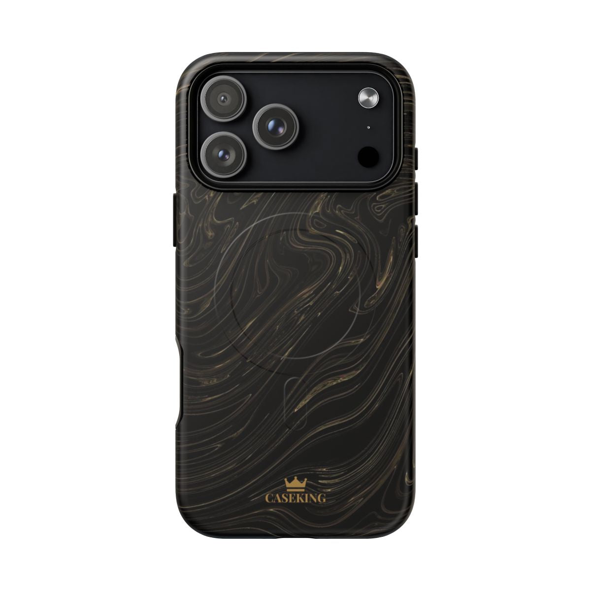 Black & Gold Swirl MagSafe-compatible tough case on iPhone 18 Pro Max, matte finish