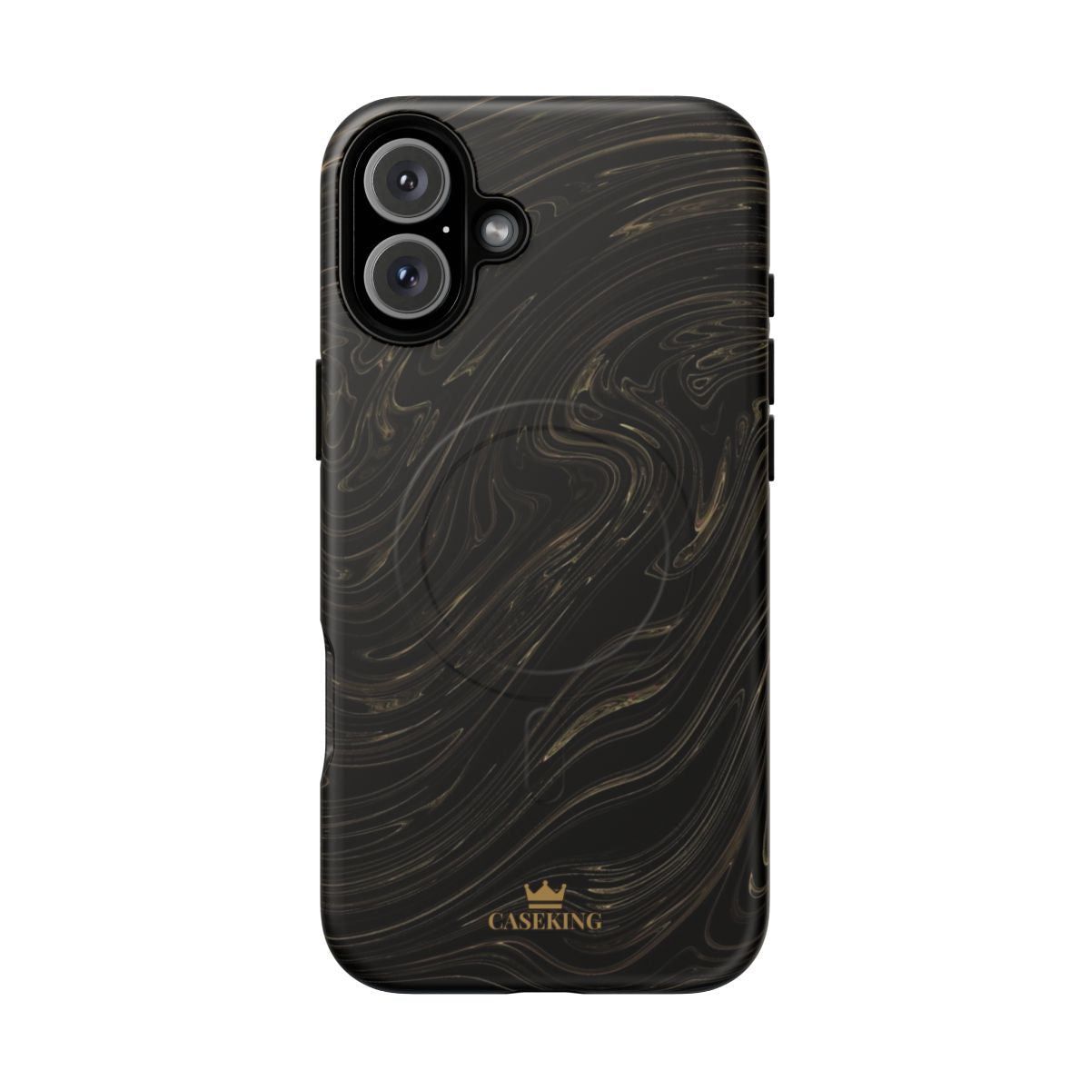 Black & Gold Swirl MagSafe-compatible tough case on iPhone 16 Plus, matte finish