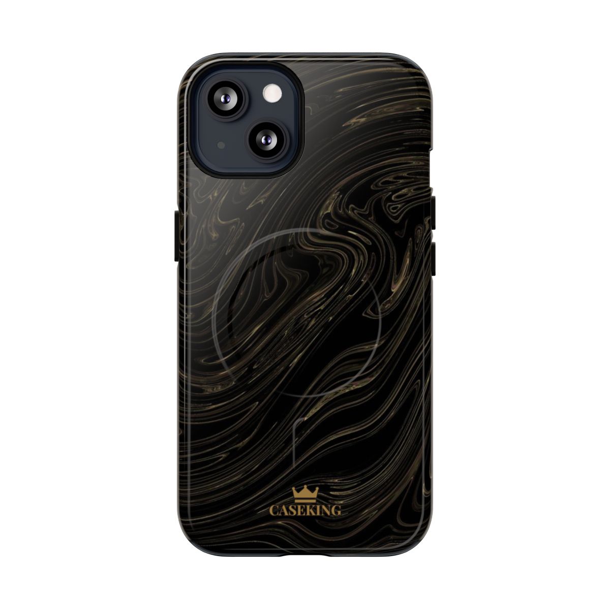 Black & Gold Swirl MagSafe-compatible tough case on iPhone 13, glossy finish