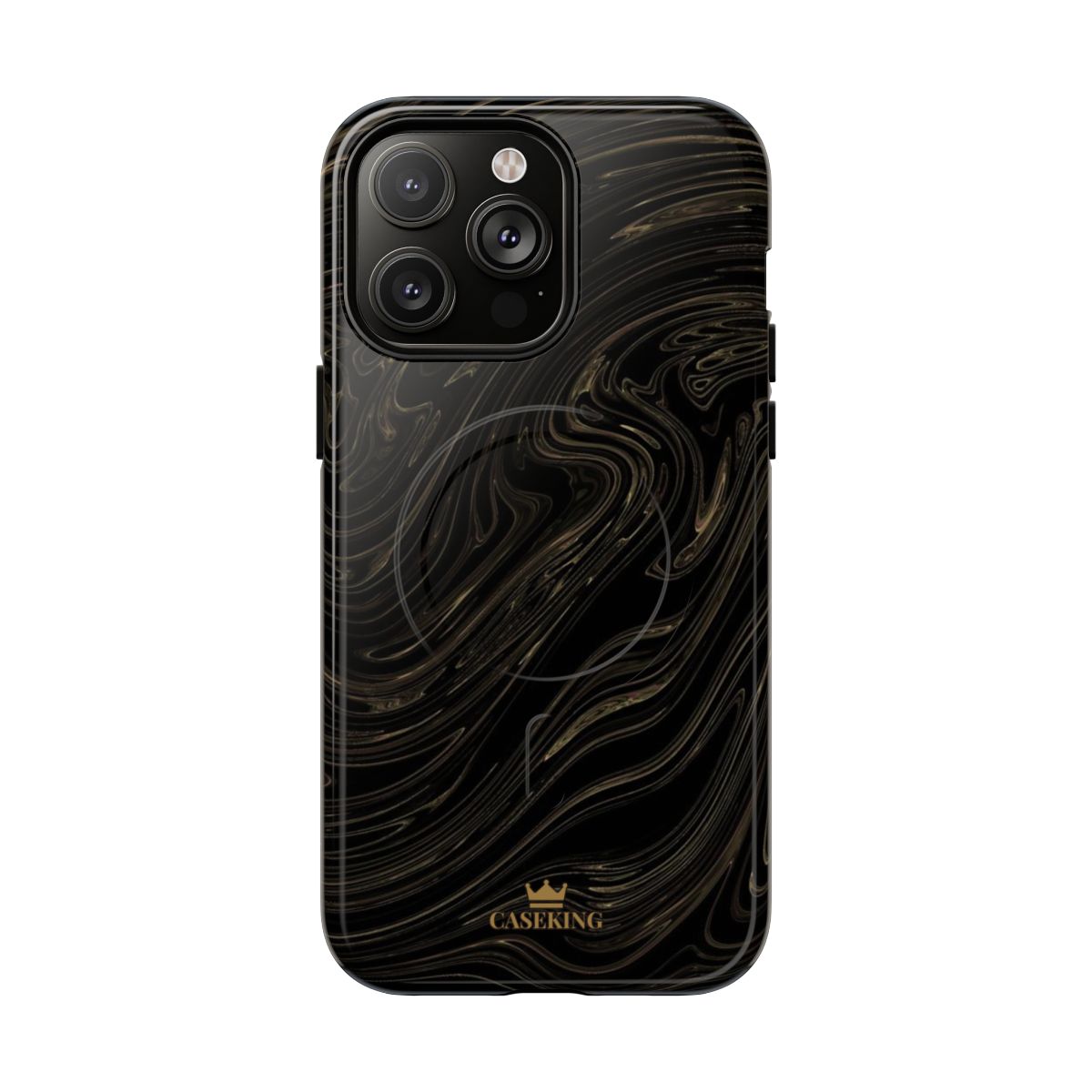 Black & Gold Swirl MagSafe-compatible tough case on iPhone 14 Pro Max, glossy finish
