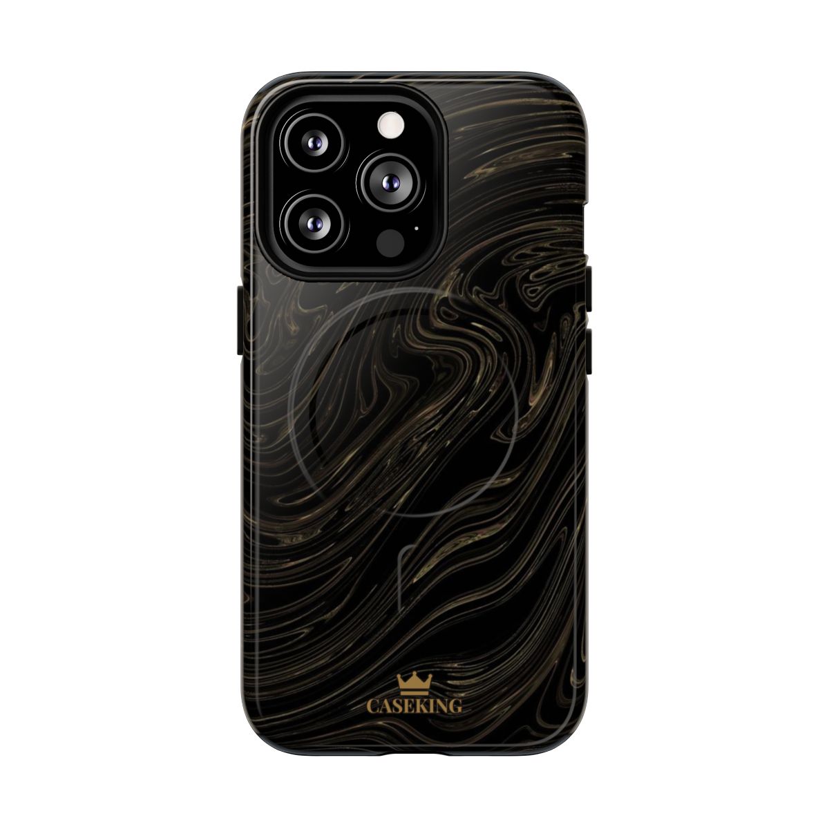 Black & Gold Swirl MagSafe-compatible tough case on iPhone 13 Pro, glossy finish