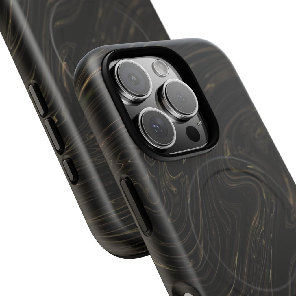 Black & Gold Swirl MagSafe-compatible tough case on iPhone 16 Pro, matte finish (close-up)