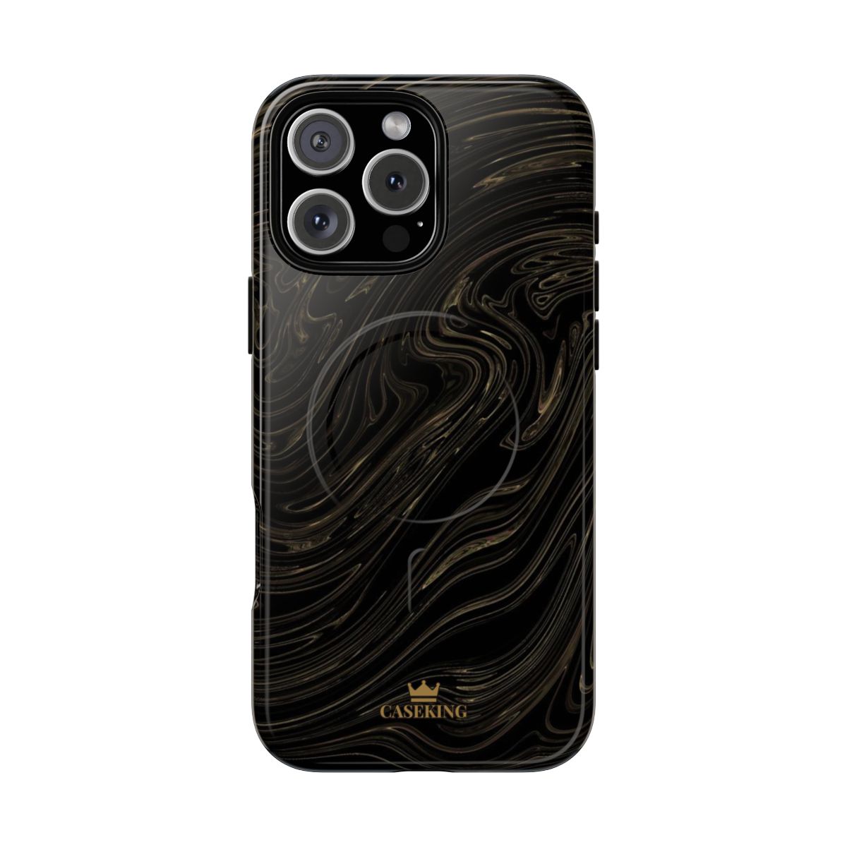 Black & Gold Swirl MagSafe-compatible tough case on iPhone 16 Pro Max, glossy finish