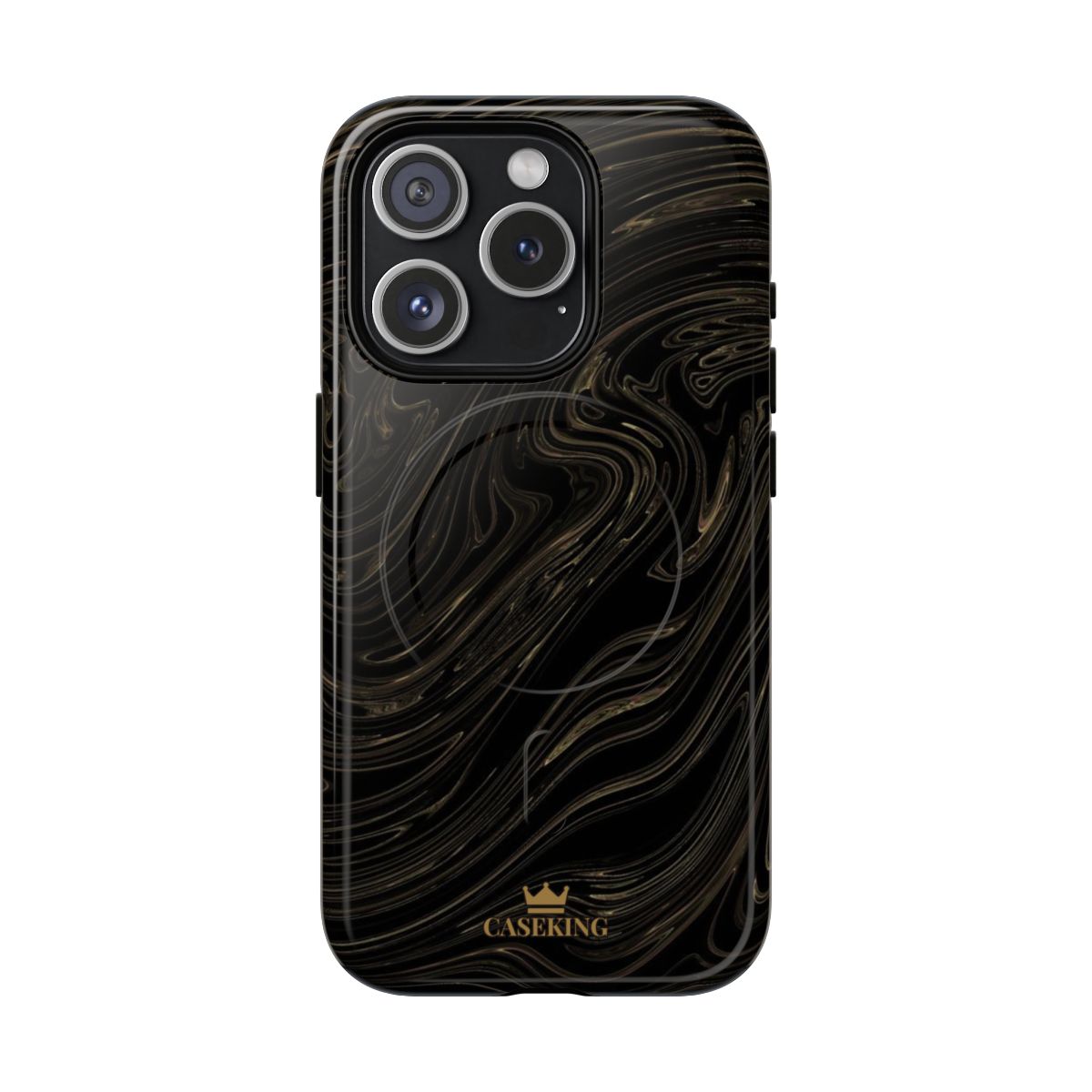 Black & Gold Swirl MagSafe-compatible tough case on iPhone 15 Pro, glossy finish