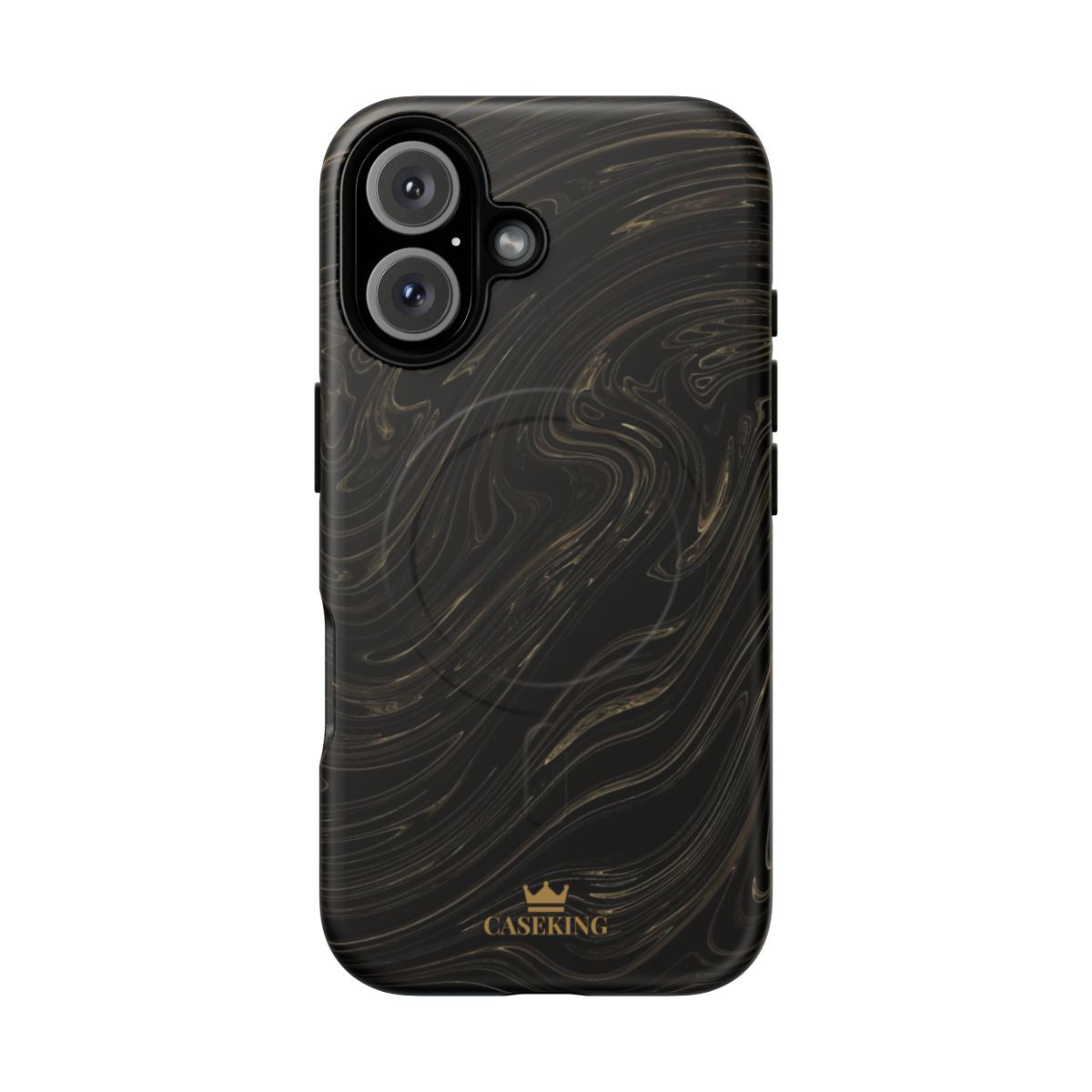 Black & Gold Swirl MagSafe-compatible tough case on iPhone 16, matte finish