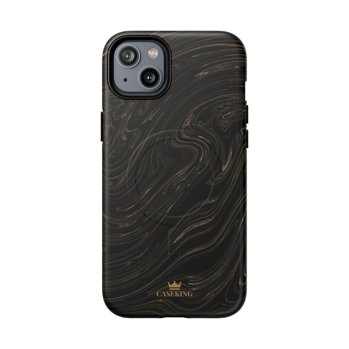 Black & Gold Swirl MagSafe-compatible tough case on iPhone 14 Plus, matte finish