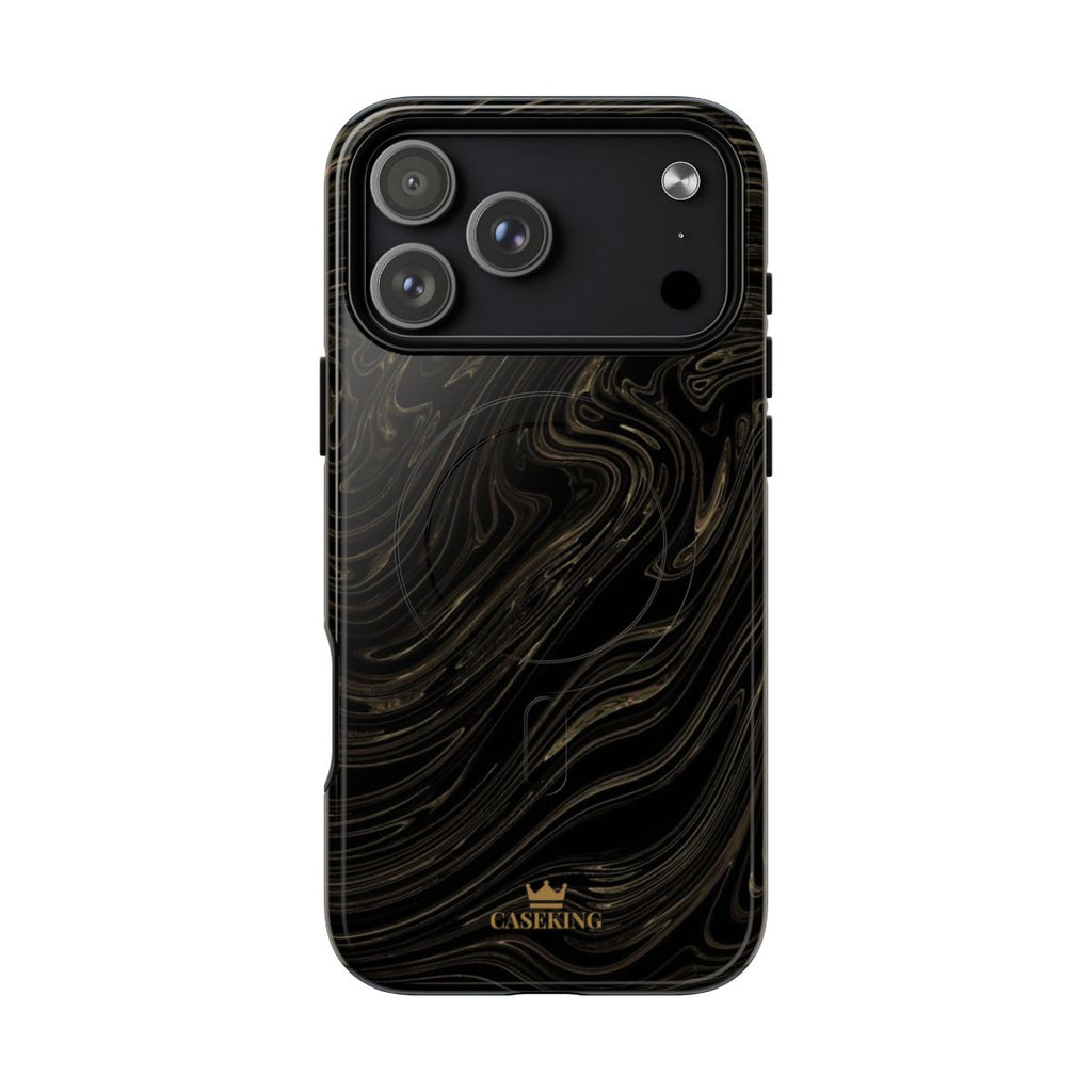 Black & Gold Swirl MagSafe-compatible tough case on iPhone 18 Pro Max, glossy finish