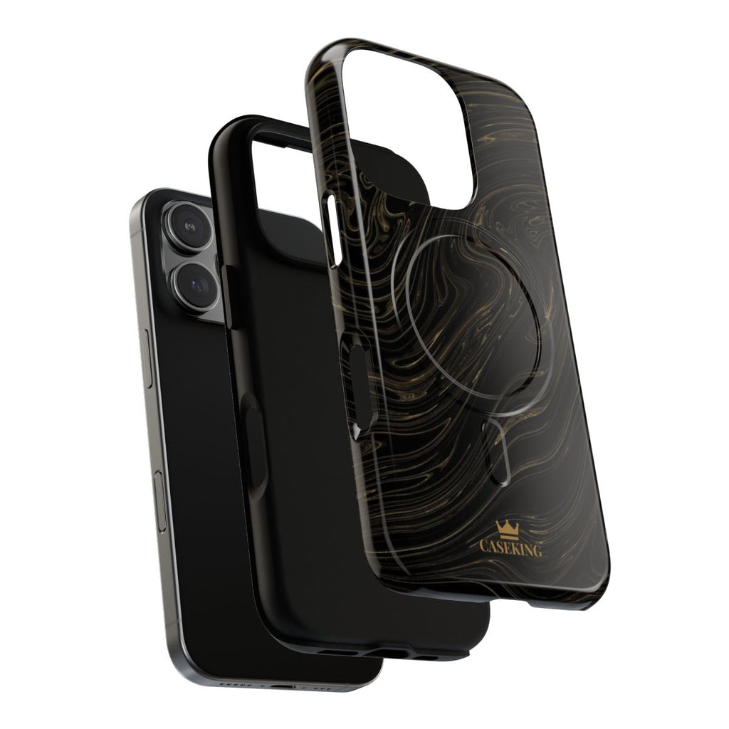 Black & Gold Swirl MagSafe-compatible tough case on iPhone 16 Pro, glossy finish (case layers)