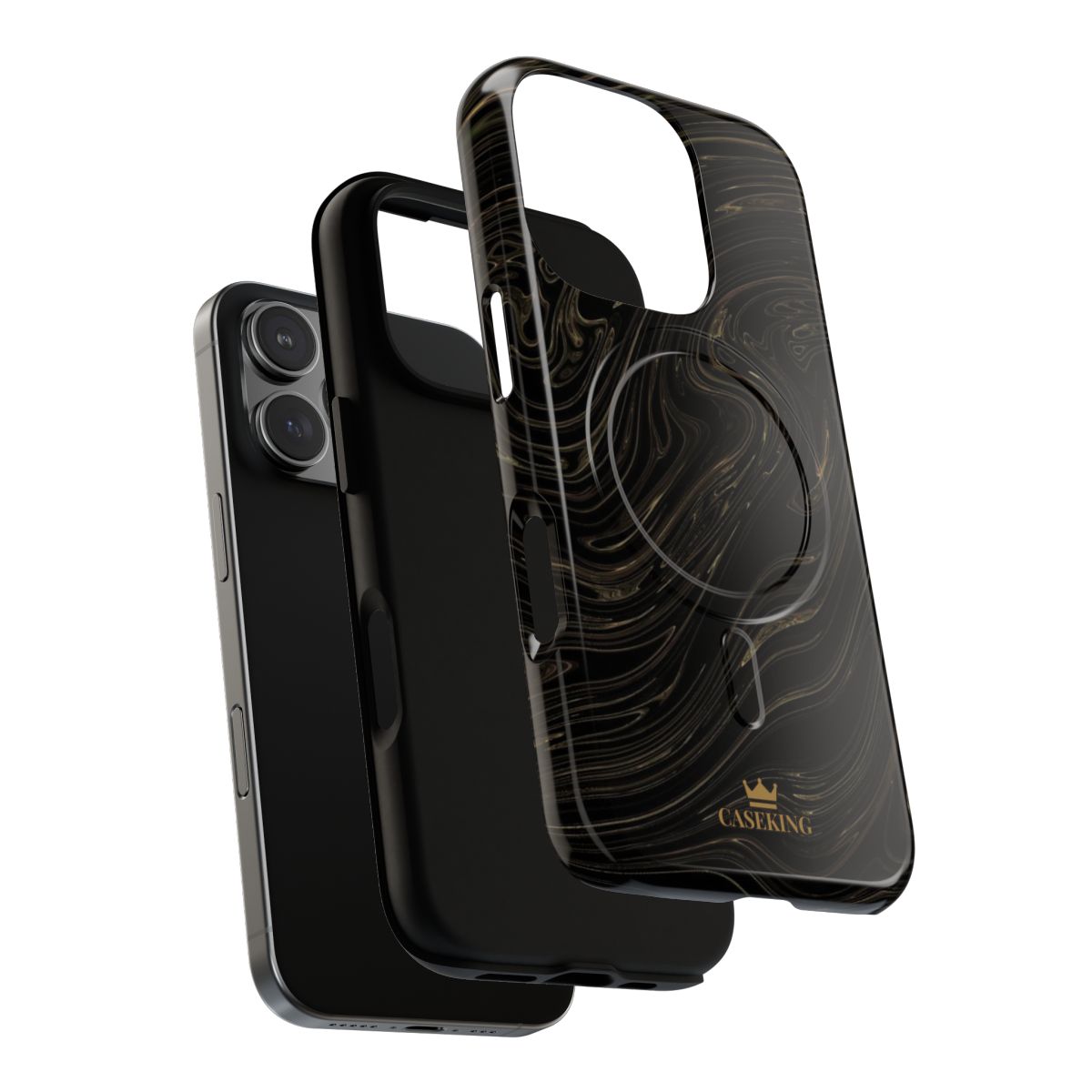 Black & Gold Swirl MagSafe-compatible tough case on iPhone 16 Pro, glossy finish (case layers)