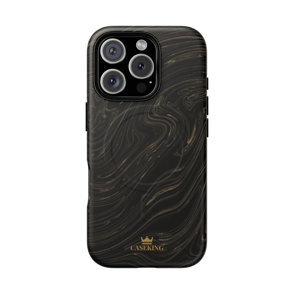 Black & Gold Swirl MagSafe-compatible tough case on iPhone 16 Pro, matte finish