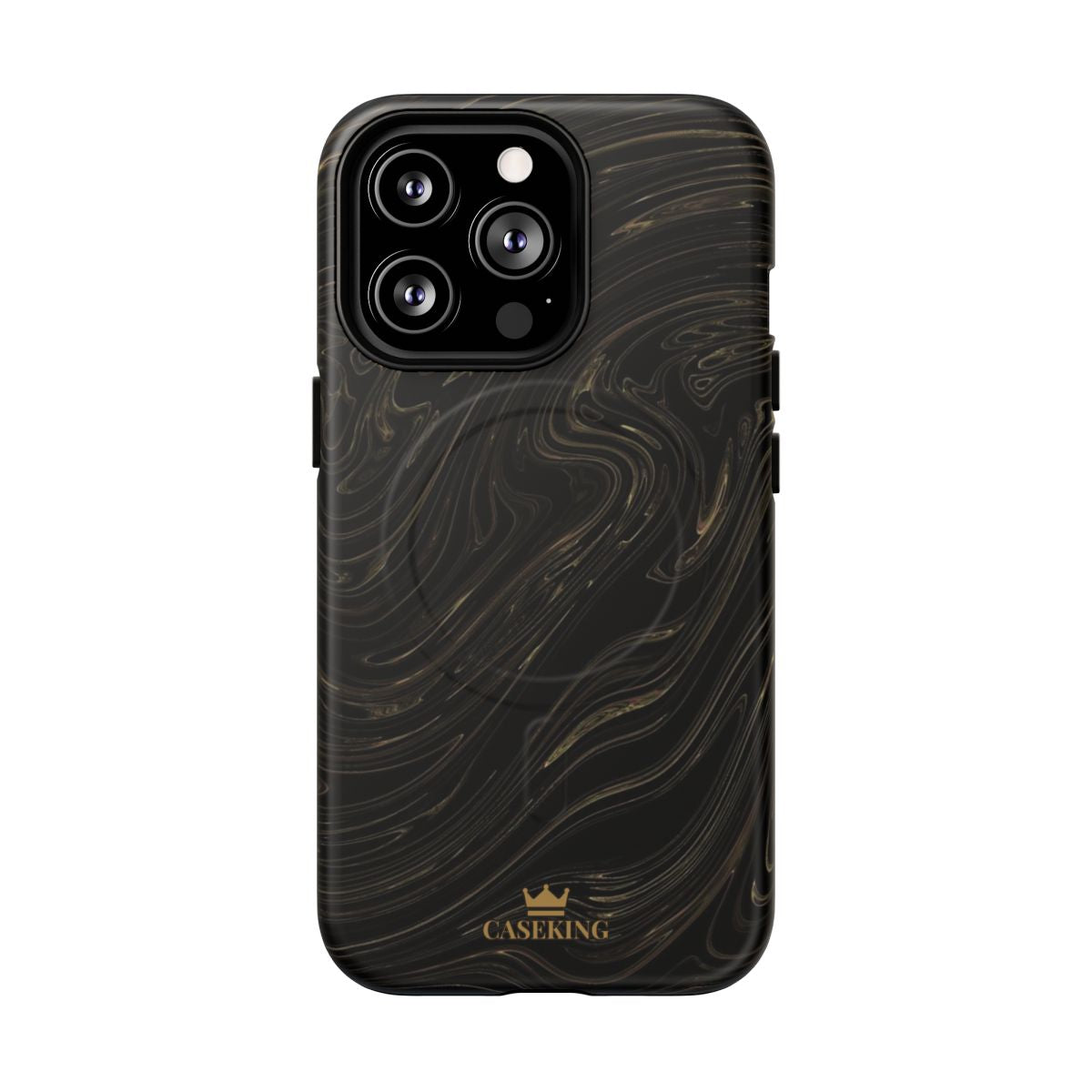 Black & Gold Swirl MagSafe-compatible tough case on iPhone 13 Pro, matte finish