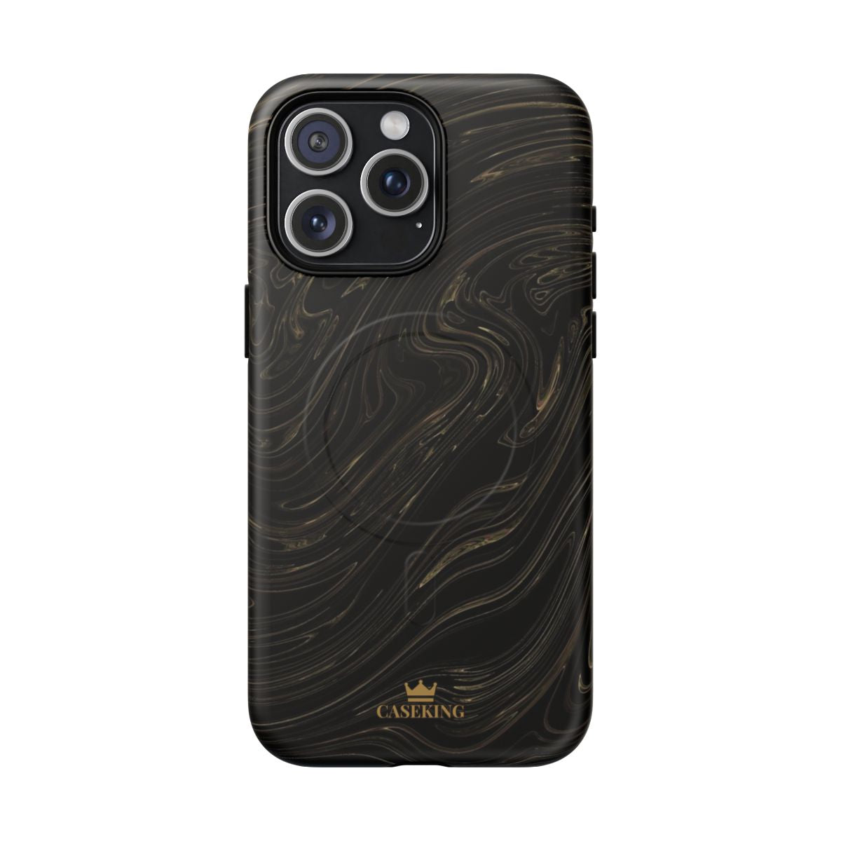 Black & Gold Swirl MagSafe-compatible tough case on iPhone 15 Pro Max, matte finish
