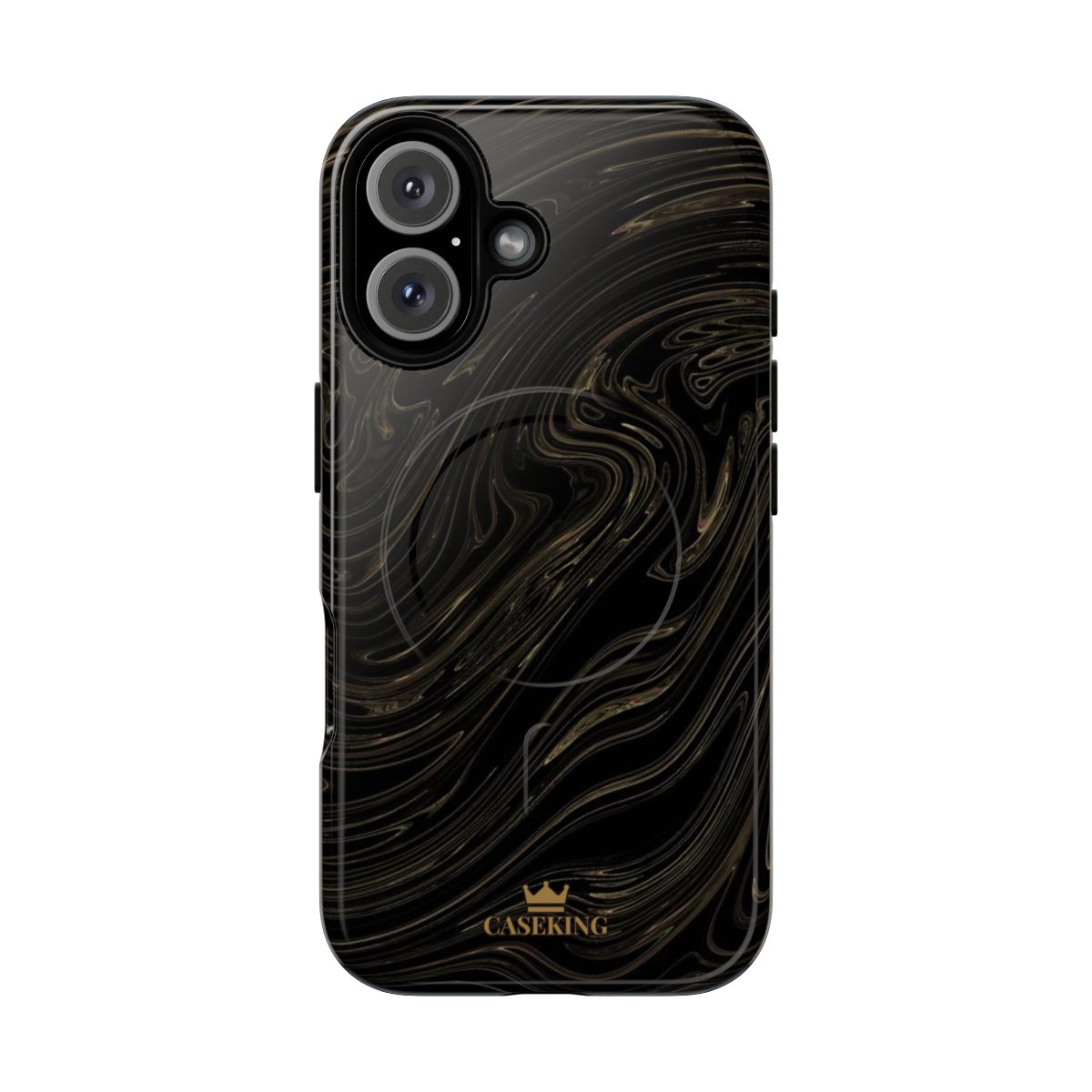Black & Gold Swirl MagSafe-compatible tough case on iPhone 16, glossy finish