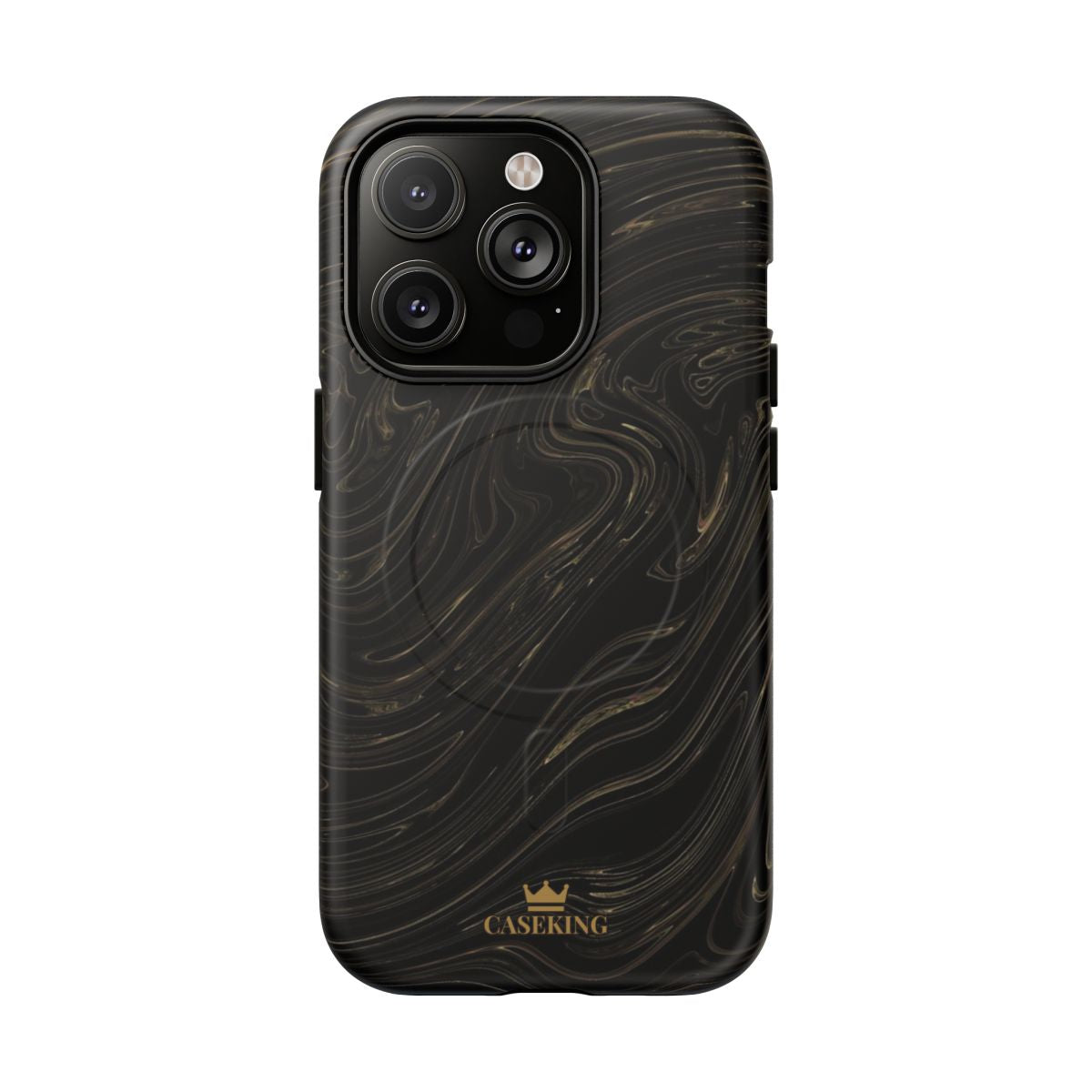 Black & Gold Swirl MagSafe-compatible tough case on iPhone 14 Pro, matte finish