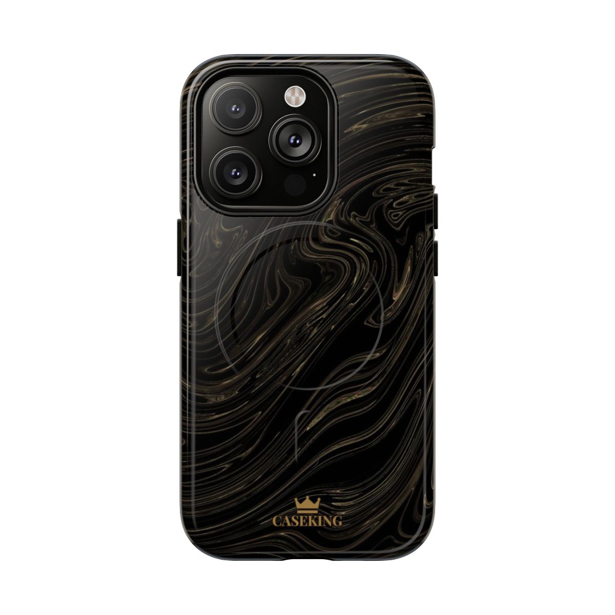 Black & Gold Swirl MagSafe-compatible tough case on iPhone 14 Pro, glossy finish