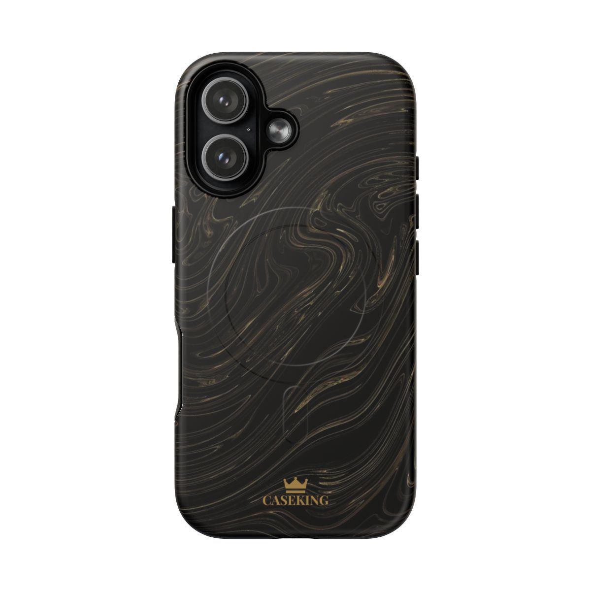 Black & Gold Swirl MagSafe-compatible tough case on iPhone 17, matte finish