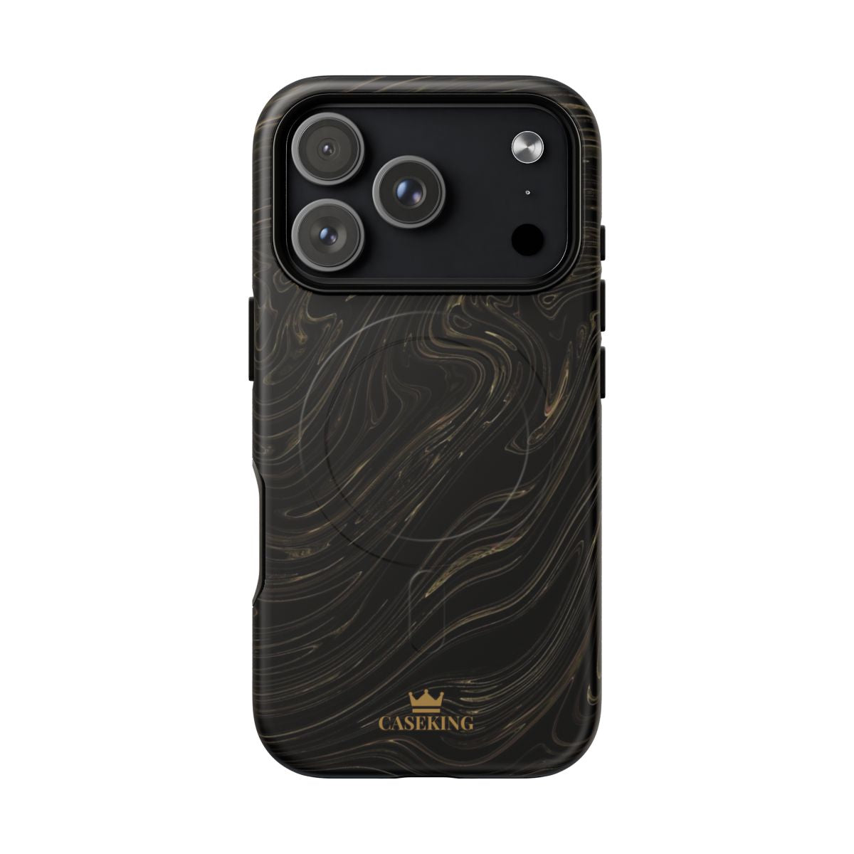 Black & Gold Swirl MagSafe-compatible tough case on iPhone 18 Pro, matte finish