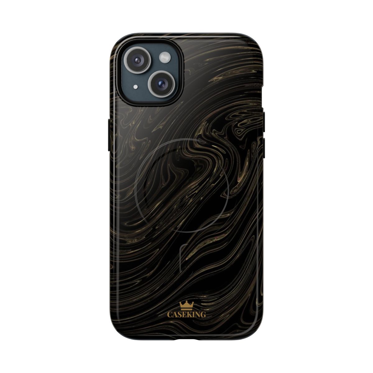 Black & Gold Swirl MagSafe-compatible tough case on iPhone 15 Plus, glossy finish