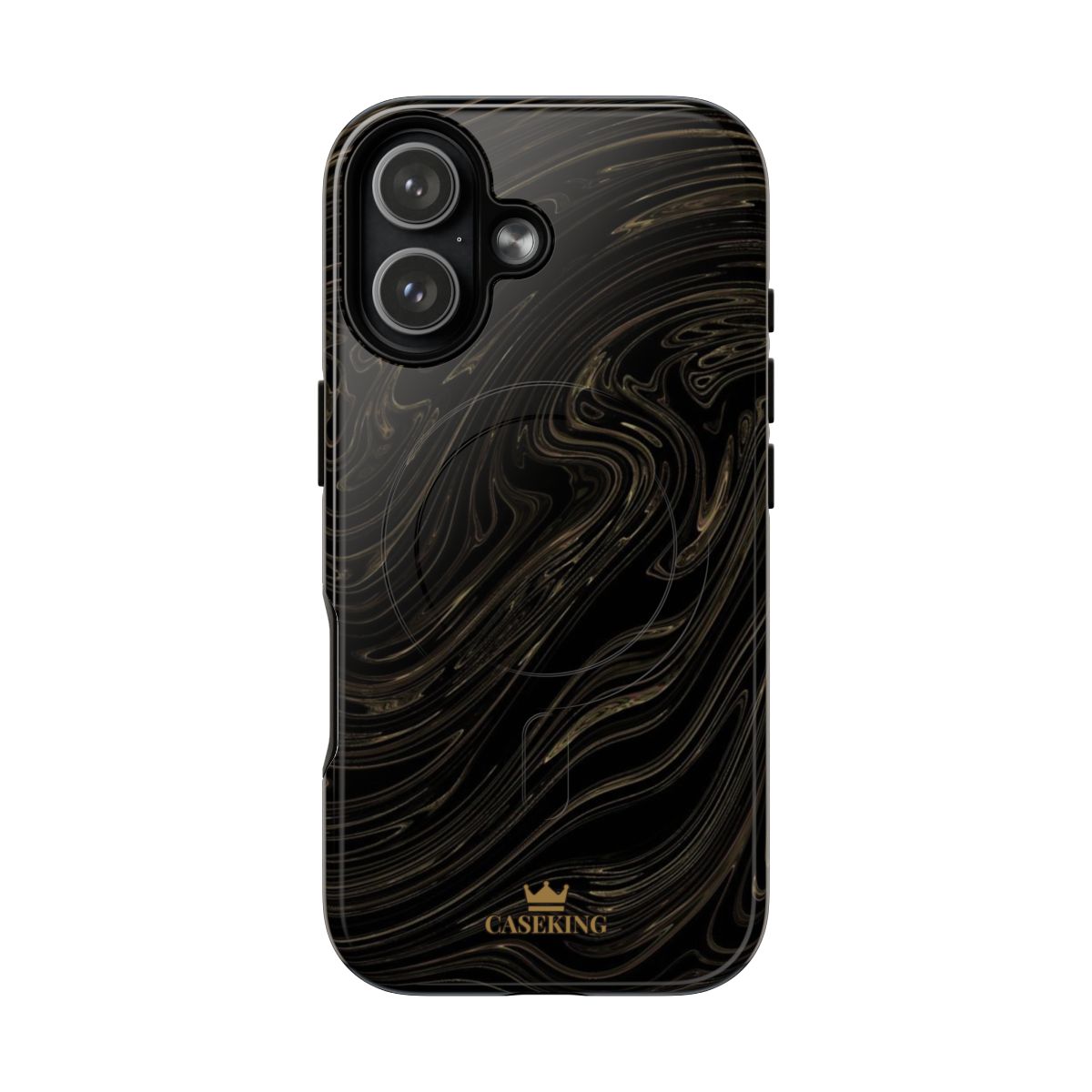 Black & Gold Swirl MagSafe-compatible tough case on iPhone 17, glossy finish