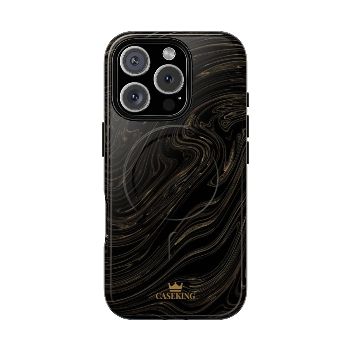 Black & Gold Swirl MagSafe-compatible tough case on iPhone 16 Pro, glossy finish